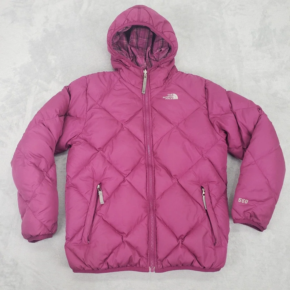 The North Face 550 Reversible Down Puffer Winter Jacket Coat Girls XL Pink Plaid